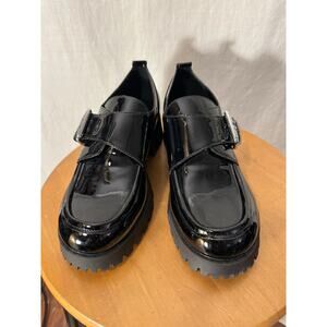 Marc Fisher Hazelton Chunky Loafer Buckle Black Patent Vegan Leather 9M NEW